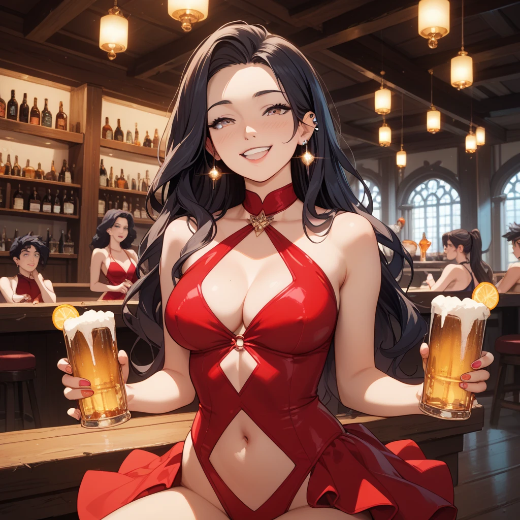 score_9,score_8_up,score_7_up,18 year old,1girl,asuna \(sao-alo\), sword art online,yuuki asuna,solo, brown eyes, brown hair, long hair, bangs, braid,sitting, holding cup,seductive-smile,blush,large breasts,brown hair,parted hair,long hair,red dress,halter dress,plunging neckline,center opening,cleavage,navel,earrings,bracelet,restaurant,