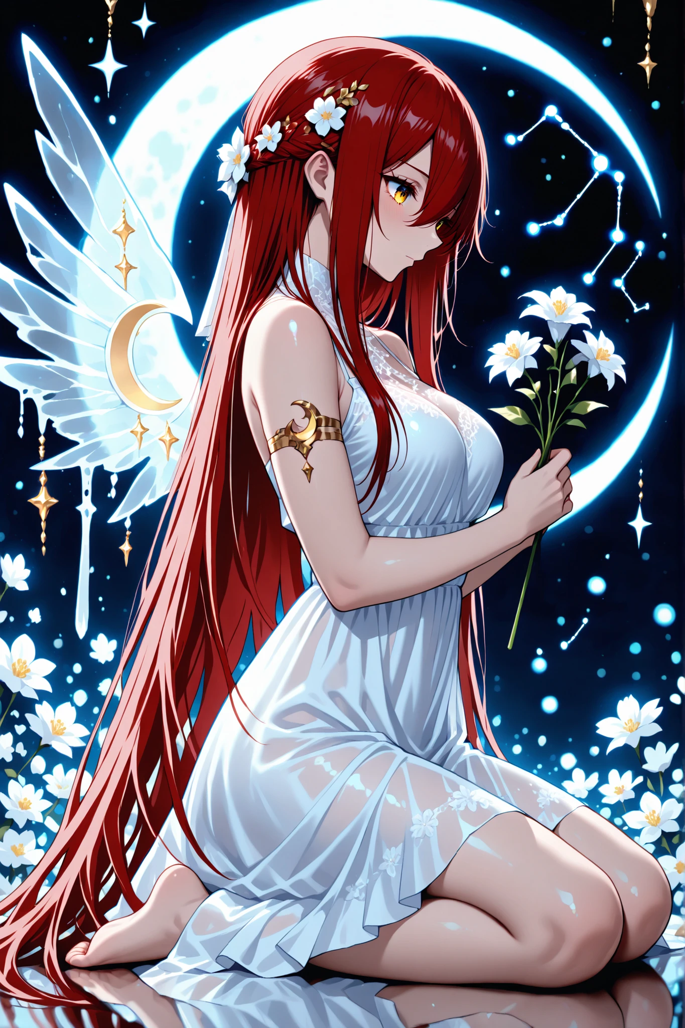 illustration of an angel looking down from the moon to hold flowers, 1 girl , golden eyes , very long hair , long sidelocks, red hair ,half updo, petite , very cute , beautiful ,Straight hair, cool, handsome, hair between eyes, sexy, female, mediumlarge breasts, lovely, dress, flower, solo, glass wings, white dress, closed eyes, hair flower, hair ornament, bouquet, constellation, crescent moon, barefoot, long hair, profile