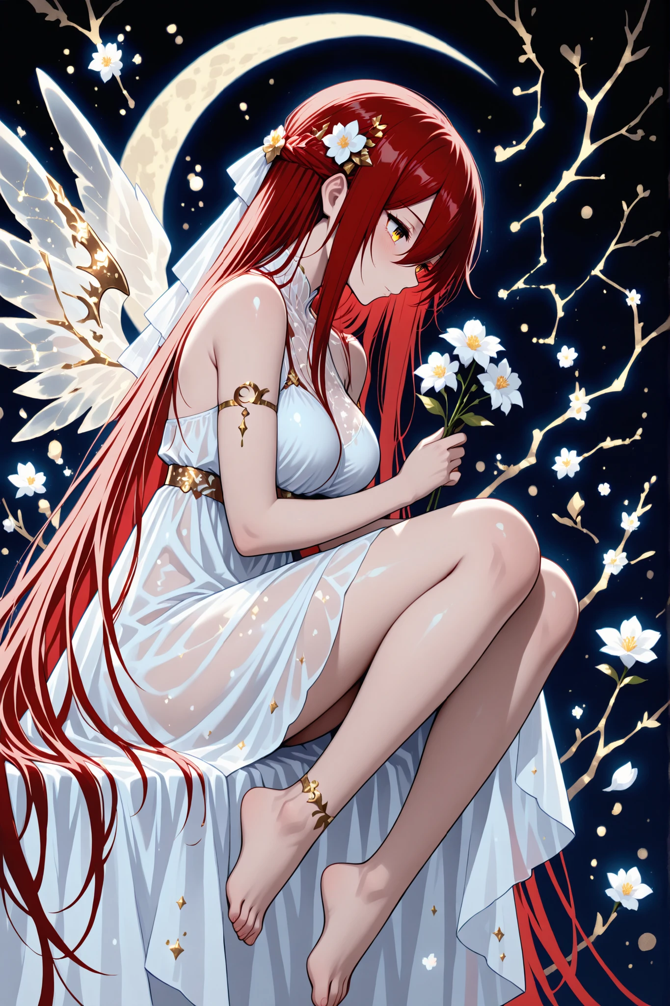 illustration of an angel looking down from the moon to hold flowers, 1 girl , golden eyes , very long hair , long sidelocks, red hair ,half updo, petite , very cute , beautiful ,Straight hair, cool, handsome, hair between eyes, sexy, female, mediumlarge breasts, lovely, dress, flower, solo, glass wings, white dress, closed eyes, hair flower, hair ornament, bouquet, constellation, crescent moon, barefoot, long hair, profile
