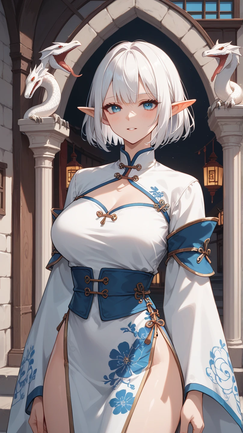 masterpiece,Top image quality,hight resolution,imagem 4k,Raw photo,Photorealsitic,{Solo},teens girl,Embarrassment,Silver Short Bob,stare at each other,Wet,Blue eyes,小柄,tits out,Elven ears,boyish,Cultivated woman,chies,Monastic uniforms,Saint a girl