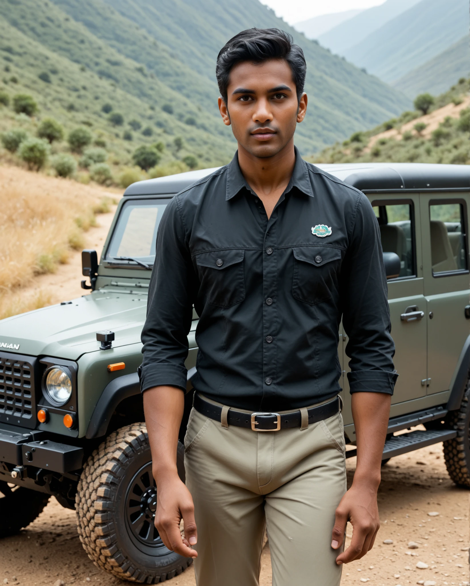 A Sri Lankan male with average body build, wearing casual black attire with black hair, standing sideways in front of a Land Rover SUV, looking to the side, natural lighting, DSLR camera shot, high quality, portrait.