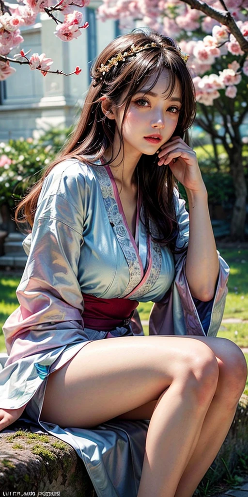 最high quality、high quality、Best image quality、8k、最High resolution、High resolution、最high quality、masterpiece、RAW Photos、whole body写真、Detailed and realistic human body、Detailed and realistic skin、Realistic face in every detail、Detailed and realistic eyes、Detailed and realistic lips、Detailed and realistic teeth、Detailed and realistic ears、Detailed and realistic hair、Detailed and realistic weapons、Realistic reproduction of every detail、Realistic fingers in every detail、(Beautiful Hands、thumb１reference４)、Realistic feet down to the last detail、((Beautiful Japanese Girl))、(Japanese Model)、((18 year old beautiful girl))、(Black Hair)、(Straight hair)、((whole body))、((Beautiful upward-facing breasts))、(Slim Style、Slim fit)、(whole body光沢肌、Fair skin)、Detailed and realistic human body、Detailed and realistic skin、Realistic face in every detail、Detailed and realistic weapons、Realistic fingers in every detail、Detailed realistic feet、Soft natural light、(Maiko-san、geisha、kimono、Long-sleeved kimono、yukata、Japanese tradition、Samurai Residence、Japanese garden、((Colorful floral pattern(丈が短いkimono))、((sitting on a stump under a cherry tree(Poses to make your thighs look beautiful))、Angle from below