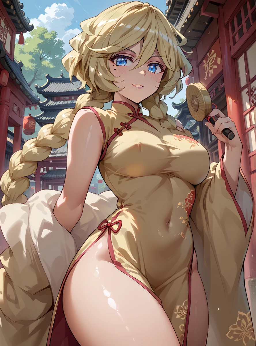 (masterpiece, best quality) detailed, Wearing white tights , Blonde ,elegant, (Fox ears)，Red Eyeshadow, Chinese element pattern，thigh，漏出thigh，White shirt，Deep V，Large Breasts，Bunny Girl