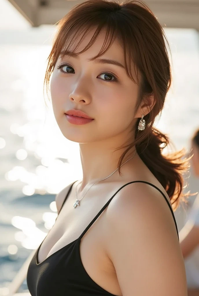 close up portrait of a cute woman (gldot) bathing in a river, wave bob hair, use bikini, reeds, (backlighting), realistic, masterpiece, highest quality, lens flare, shade, bloom, [[chromatic aberration]]
