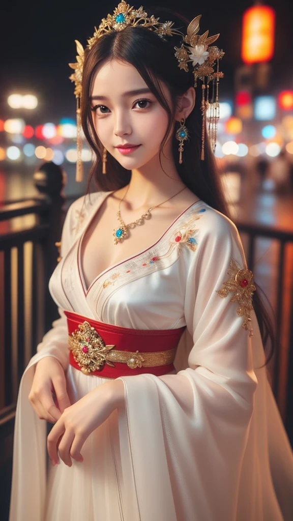 1 extremely beautiful queen, ((wears a red traditional hanfu costume with thin black patterns:1.6)), (((Patterns on clothes:1.6))), ((long black hair:1.6)), jewelry elaborately made from precious stones and beautiful hair, ((wearing a 24k gold lace necklace:1.4))), the noble, noble style of an extremely beautiful girl, her small face is super cute, her face is very pretty, thin eyebrows, flawless beautiful face, ((black eye pupils: 0.8)), very beautiful eyes, ((platinum blue eyes: 1.6)), (((eyes wide open:1.6))), nice makeup and hair detailed eyelashes, steamy eye makeup, high nose, earrings, red lips, ((closed mouth: 1.5)) beautiful lips, slim hands, most beautiful thighs, ((arms spread out to the sides: 1.5)), rosy face, clean face, flawless beautiful face, smooth white skin, (big breasts: 1.5)), ((high breasts: 1.6)), tight breasts, beautiful cleavage, (((big breasts and super round: 1.8))), ((super tight breasts: 1.7)) , beautiful breasts, perfect body, back arms, chest out, thin black mesh stockings with black lace trim, 8k photo, super high quality, super realistic, super 10x pixels, optical, bright studio, bright edges, dual-tone lighting, (high-detail skin:1.2), super 8k, soft lighting, high quality, volumetric lighting, photorealistic, photorealistic high resolution, lighting, best photo, 4k, 8k quality, blur effect, smooth sharp, 10 x pixel, ((sea and moonlight at night background:1.5)), aurora, lightning, super graphics realistic, most realistic graphics, 1 girl, alone, solo, Extremely sharp image, surreal, (((frontal portrait: 1)))."