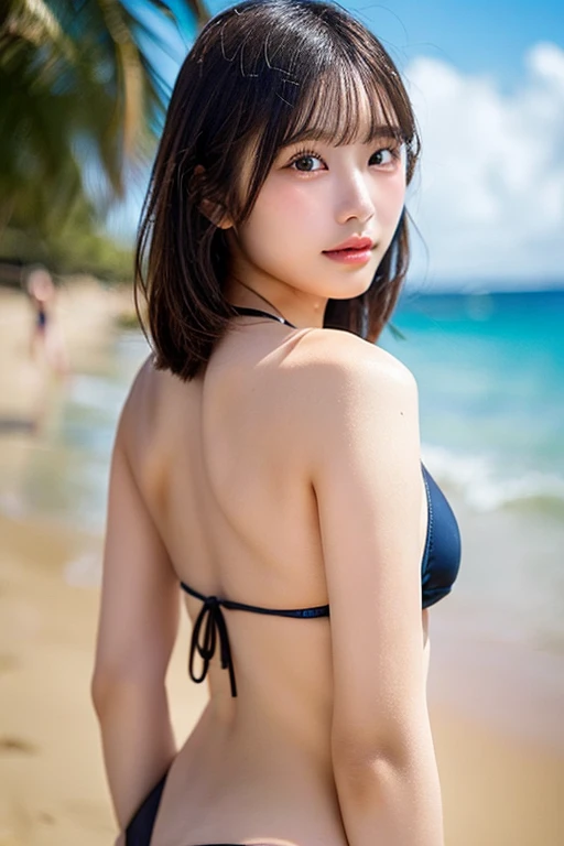 Highest quality, (beautiful)、Micro Bikini、Close-up、Larger breasts、Brown Hair、looking at the camera、Get excited、Beach、Dynamic pose、Back view