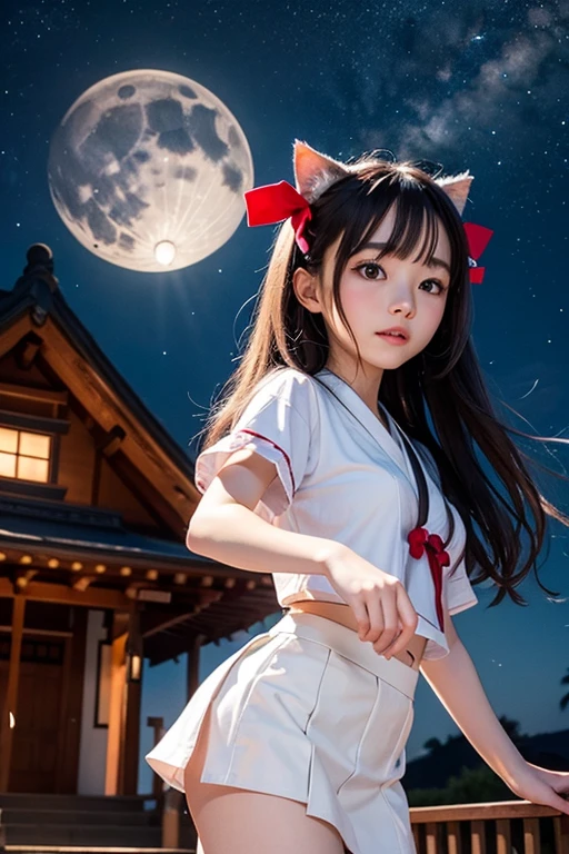  photo quality、8k、Night Sky、lots of stars、Moonlight、Tabby cat、miniskirt over GPT、A beautiful girl who is a cute shrine maiden、Ride a cat、Flying