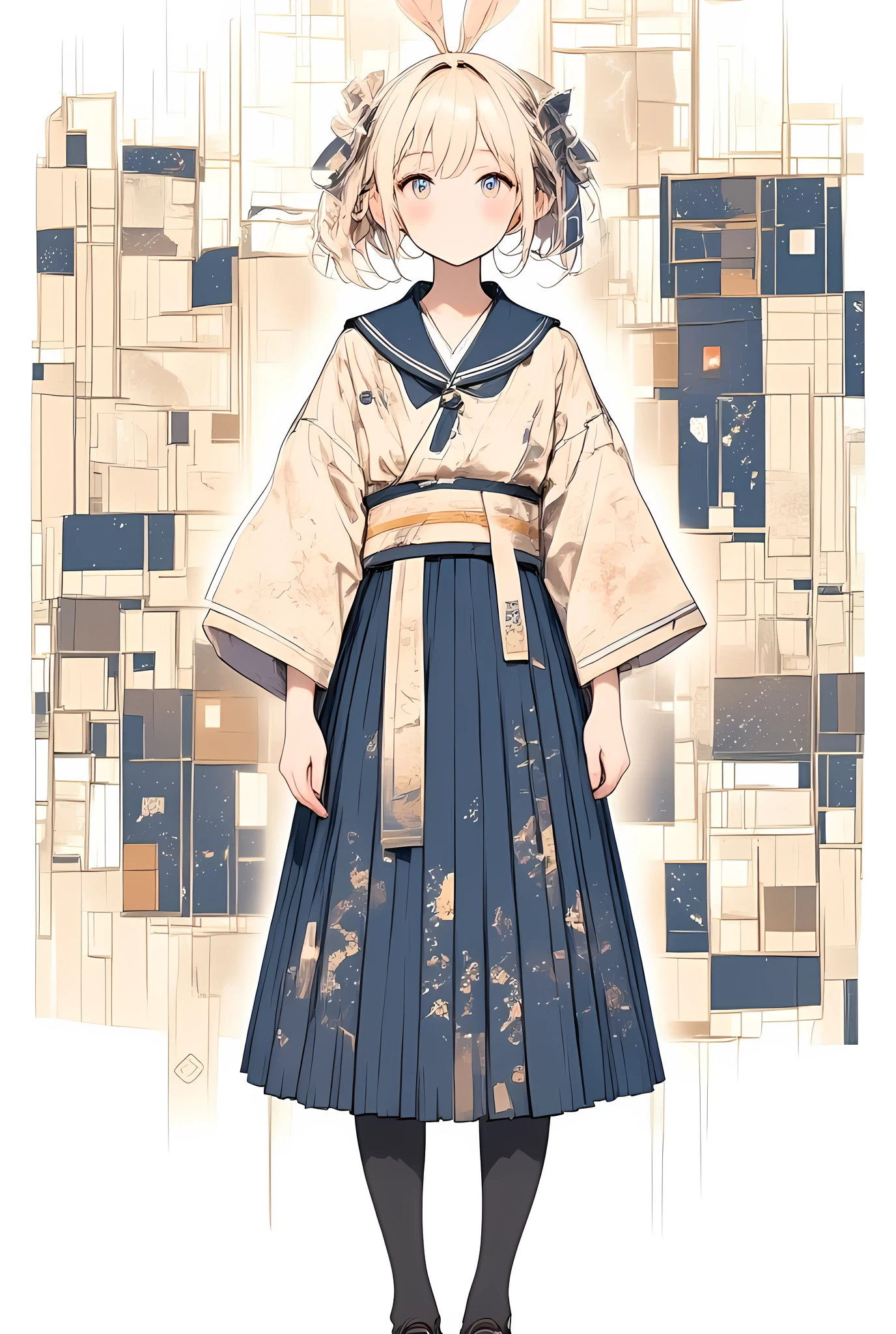 a full-body, centered illustration of a high school girl wearing a traditional Japanese kimono-inspired school uniform, shown entirely from head to toe,
her outfit features a long-sleeved kimono-style top with a deep navy blue sailor collar, integrated into a wrap-style neckline resembling a traditional kimono,
the sleeves are long and gently flared like a simplified furisode, decorated with subtle traditional motifs such as sakura or seigaiha in muted tones,
around her waist is a wide, refined obi-style belt in soft complementary colors, and her pleated skirt incorporates understated kimono textile patterns in navy and cream,
she wears black tights and polished loafers, and her long hair is neatly styled with a simple ribbon or traditional accessory,
the background is minimal and softly lit to focus on the elegance of the uniform, with the full figure carefully framed so her head and feet are entirely visible within the image,
illustrated in a clean, elegant anime fashion style with subtle shading, soft fabric textures, and a calm, harmonious mood