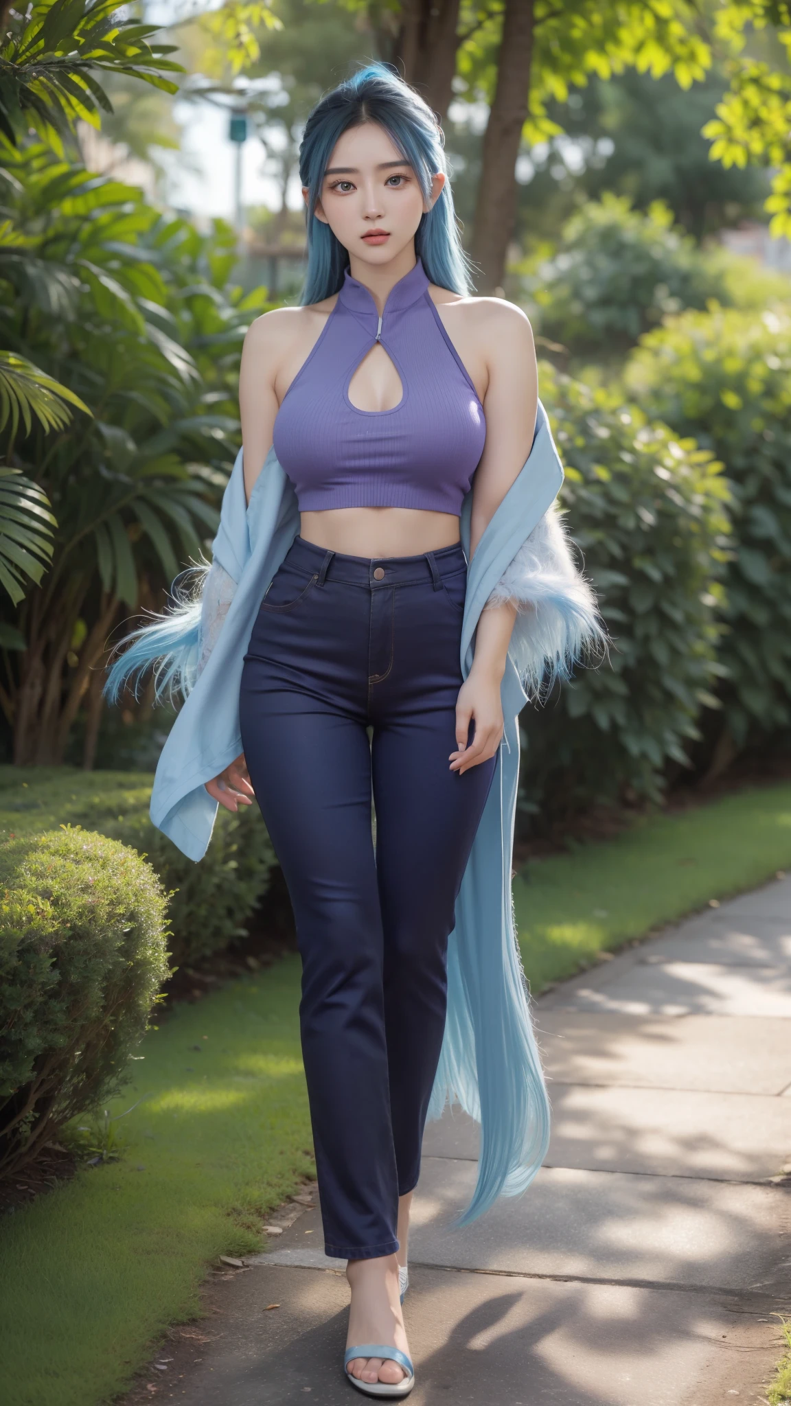 Masterpiece, 8K, Best Quality, Intricate Details, Ultra Details, Ultra High Resolution,(Makeup: 0.4), (Feathery black eyes: 1.21), ((Full body)), ((Muscles: 1.1)), ((Daytime: 1.3)),Standing, HDR, Ultra Detail, EF 24-70mm f/2.8L II USM, Best Quality, High Quality,1 Girl, Japanese Girl, Cute, Beautiful, Charming, (Cosmic Big Breasts),20 Years Old,A Japanese woman with shoulder-length blue hair, ((blue hair)), dressed neatly, wearing a tight purple shirt, tight purple pants, and a tight purple blazer, with intricate details.Her head is facing straight ahead, with a sharp and serious gaze, radiating an aura of determination and readiness.The background is an outdoor environment with elements of lush green foliage, soft and realistic natural lighting.
