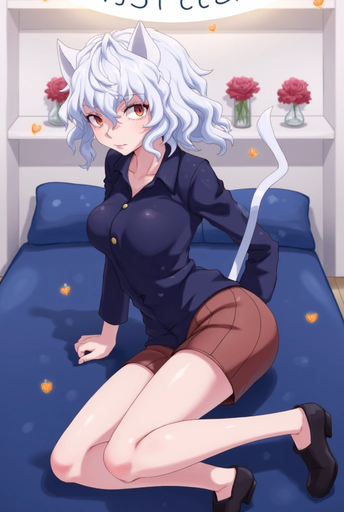 Pregnant girl,short white curly hair,yellow eyes,knee length blue gown with stockings,blushing,moaning with