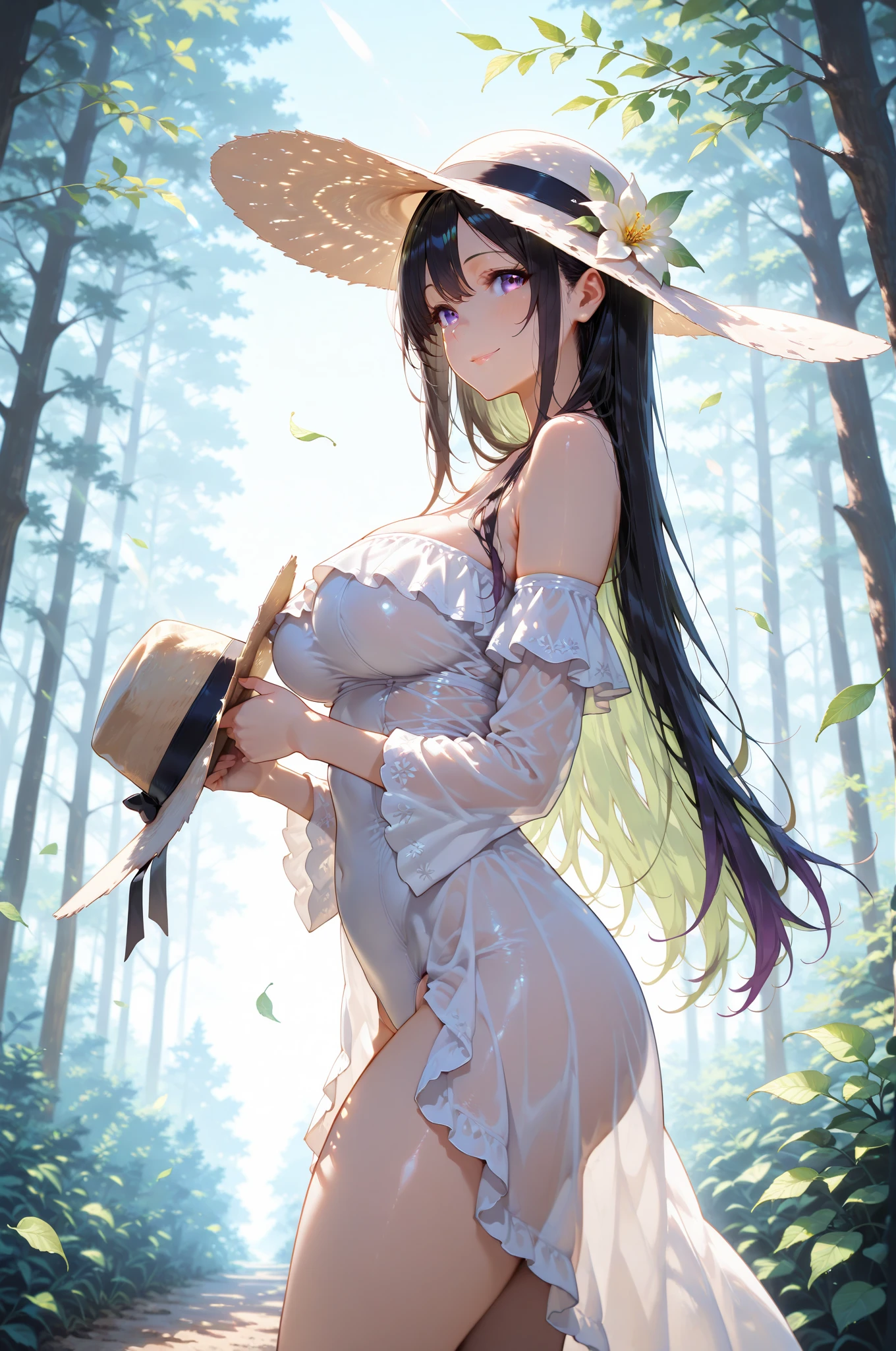 A beautiful girl wearing an almost transparent white see-through dress、Nipples and female genitalia show through、、cleavage、bare shoulders、straw hat、summer、field road、Run