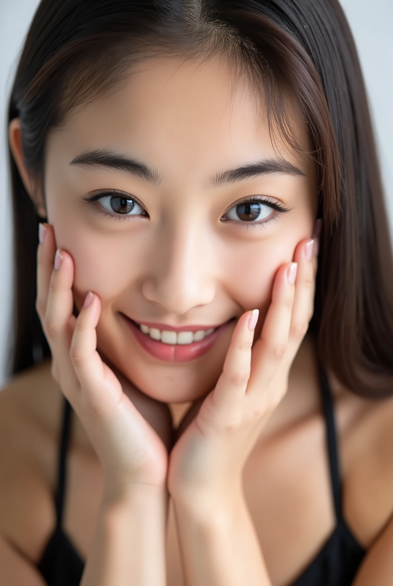 extreme close-up portrait, beautiful girl with her love-struck, radiant face filling the entire frame (95% face ratio), gently placing both open hands on her flushed cheeks with soft fingers, soft black camisole, white blurred background, eyes dreamy and half-lidded, deeply adoring gaze fixed straight at the viewer, irises ultra-detailed with intricate rainbow reflections and glowing catchlights, moist and sparkling eyes as if about to tear up from overwhelming joy, soft melting smile revealing slightly parted lips and upper teeth, skin with visible soft pores, realistic skin texture with warm lighting and subtle shadows, delicate eyelashes, glossy lips with natural highlights, cheeks glowing with deep blush, cinematic soft lighting, lifelike expression full of romantic euphoria, overflowing with happiness, warmth, and pure affection, subtly tilting her head as if whispering a name in total bliss, ultra photorealistic, masterpiece, 8K, hyperreal detail, skin pores, detailed iris texture, cinematic mood