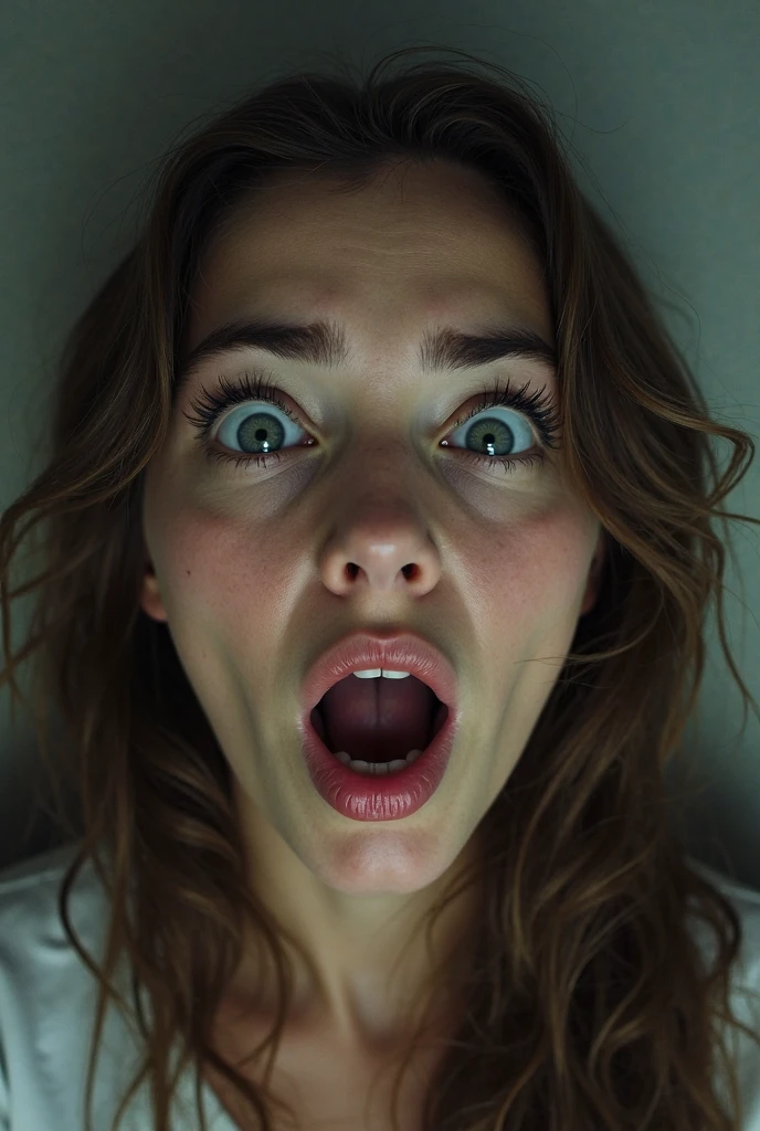 A caught photo selfie of a 25 year old getting possessed. Inside a haunted house Levitation, eye whites are fully showing, shaking movement, lights breaking around. Creepy, horror. Realistic, insane, realism, micro realistic