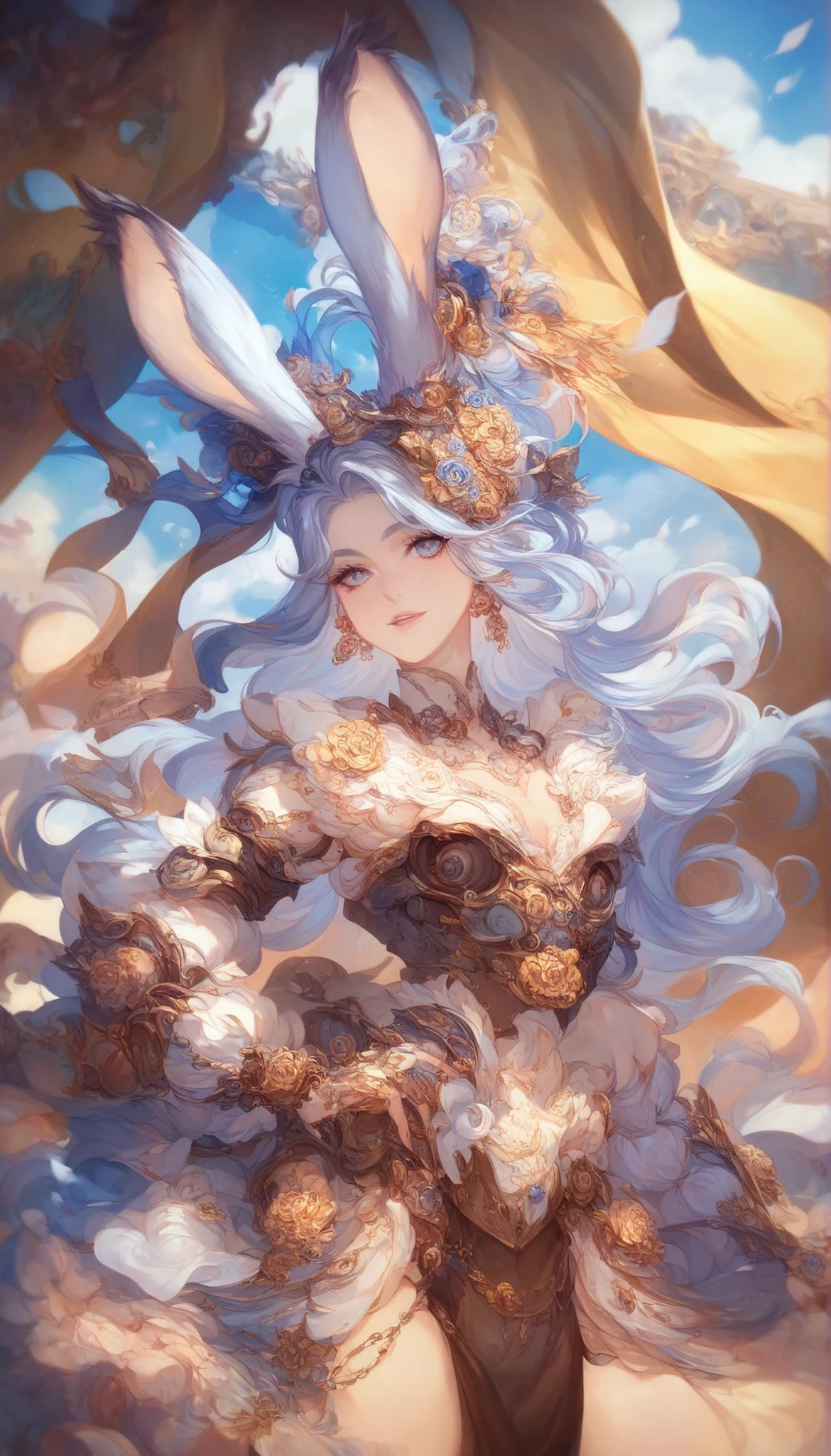 concept art in soft and elegant Japanese anime style with smooth lines and gentle pastel colors, very feminine and graceful Viera-inspired female commander with flowing hair, long rabbit-like ears, soft body curves and beautiful face, wearing ornate and delicate steampunk military uniform that emphasizes her graceful figure, standing elegantly on a hilltop overlooking the battlefield with serene and confident expression, surrounded by steampunk armored troops and mechanical vehicles with rounded industrial design, pastel sky and soft steam clouds creating a calm cinematic atmosphere, ultra detailed, fine art, no logo, no text