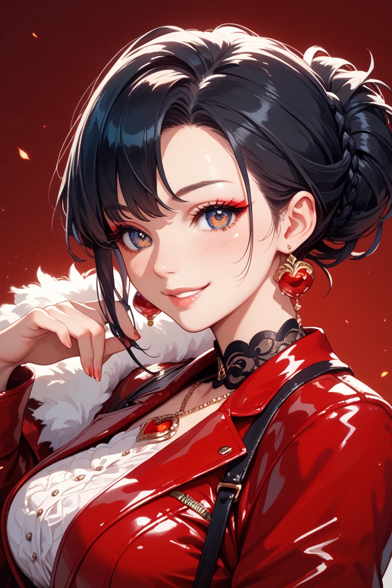 1girl, arm tattoo, bad-girl, bangs, beads, black hair, black nails, chest tattoo, cleavage, collarbone, cup, dress, drinking glass, earrings, eyeshadow, genderswap, genderswap \(mtf\), hair behind ear, holding, holding cup, jewelry, makeup, medium breasts, multicolored hair, nail polish, necklace, parted lips, red background, red dress, red hair, red lips, short hair, single earring, sleeveless, smile, solo, tattoo, upper body, mature female, yellow eyes