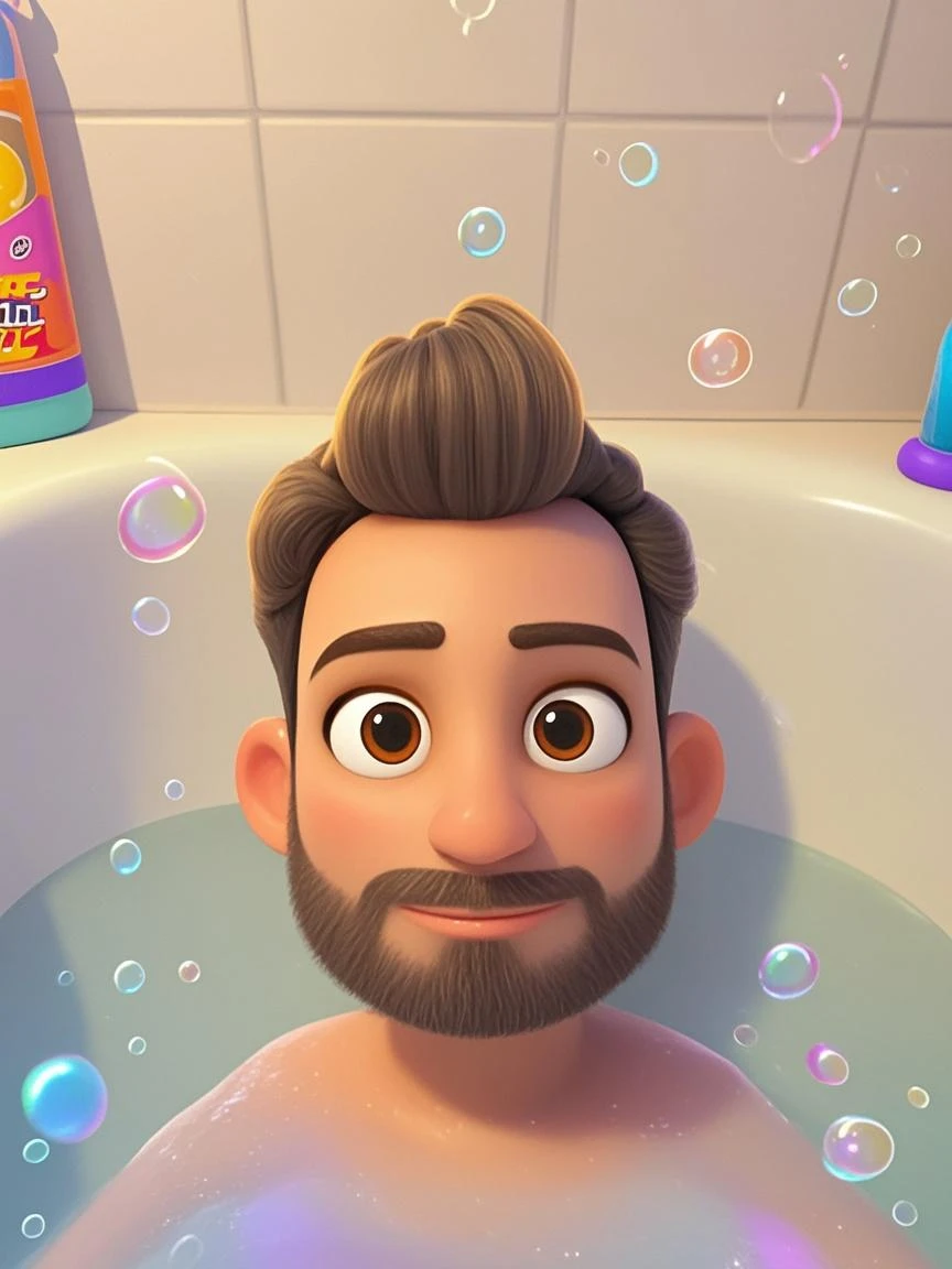 Un bel homme gay ours souriant dans un bain de mousse dans une salle de bain comme Barbie