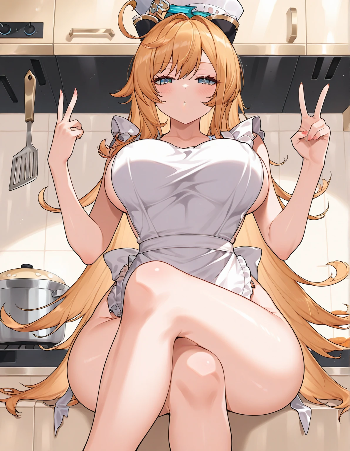 Tan skin, naked, HUGE tittes, blonde long curly hair, brown eyes, with a boy both naked, having sex in a bakery , riding on his dick , moaning