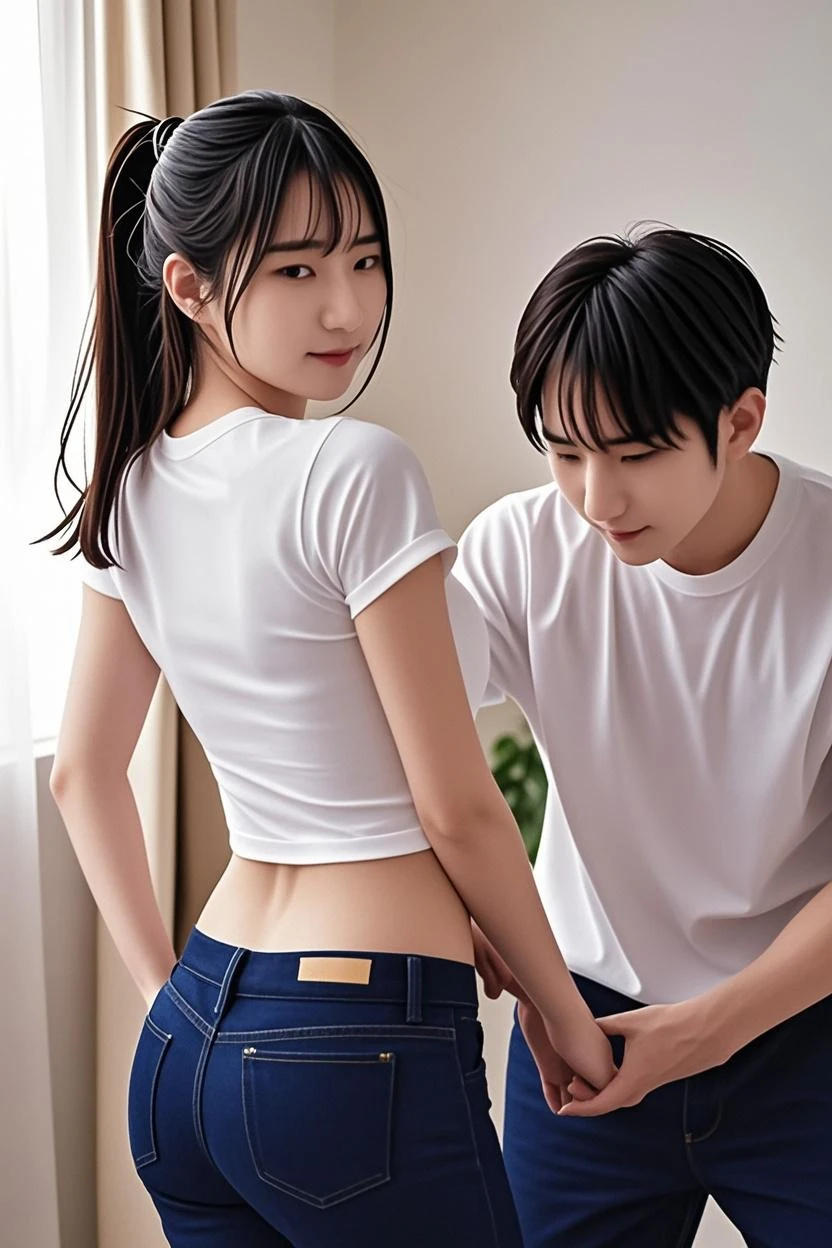 a couple of very thin heterosexual Thai teenagers, 12 year old lovers, a very thin heterosexual Thai teenager, 12 years old, flirting and hugging from the side at the waist a very thin heterosexual Thai teenager, 12 year old, both of the same height, both with very thin and slender. They face each other face to face, with their bodies pressed against each other sideways, the boy's belly touching the girl's belly and the boy's legs touching the girl's legs. Both are the same height. They face each other and look sensually, face to face, hugging each other around the waist. The boy and the girl are standing, stepping on the floor. The day is beautiful and sunny, with clear blue skies and white clouds. Both wear black bracelets on their arms. And they wear completely black clothes. Black t-shirt and black pants,