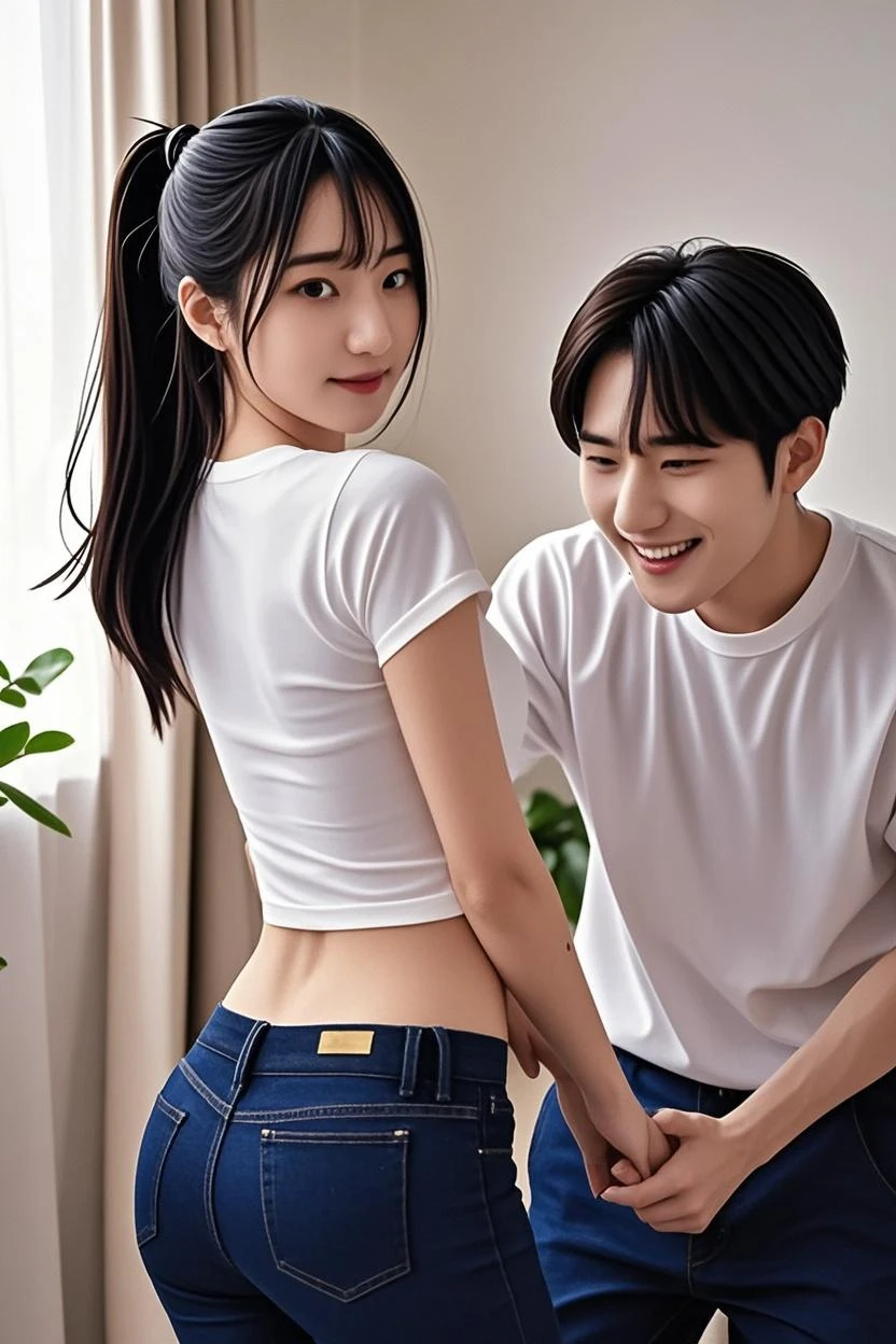 8K分辨率, (Photorealsitic:1.4),lesbian, Holding hands,、exquisite detailing、portraitures、breastsout、evening、inside in room、relax、Chill、A 30-year-old woman named Yi Ping:2、eyes looking at camera、back to the camera、Natural look、posture not stiff、 length hair、tshirts、the same character、Poses variadas、Different angles、More on rich skin:1.5、lesbian
