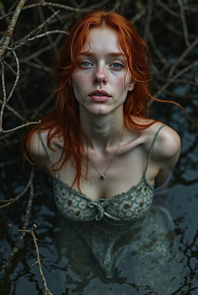 An exquisitely detailed photograph of a graceful red-haired girl with freckles, drowning in bog, standing+(sexy touching herself), a scattering of freckles on the dewdrops of a beautiful face, with pointed features, a dreamy look of languid eyes and a slightly open mouth in an expression of euphoria. She's wearing a wet T-shirt, tight-fitting chest, detailed denim skirt, (leather jacket), (detailed lace stockings with garters:1.3), embedded in the muddy bottom of the bog. Among tree stumps and trees entangled in thorny vines, a girl drowns in a dark swamp., desperately clinging to slippery snags with your fingers, but unable to overcome the viscous dno. Her face, thrown back to the sky, expresses a mixture of agony, shame and perverted pleasure from indulging in a dirty fetish, full body,