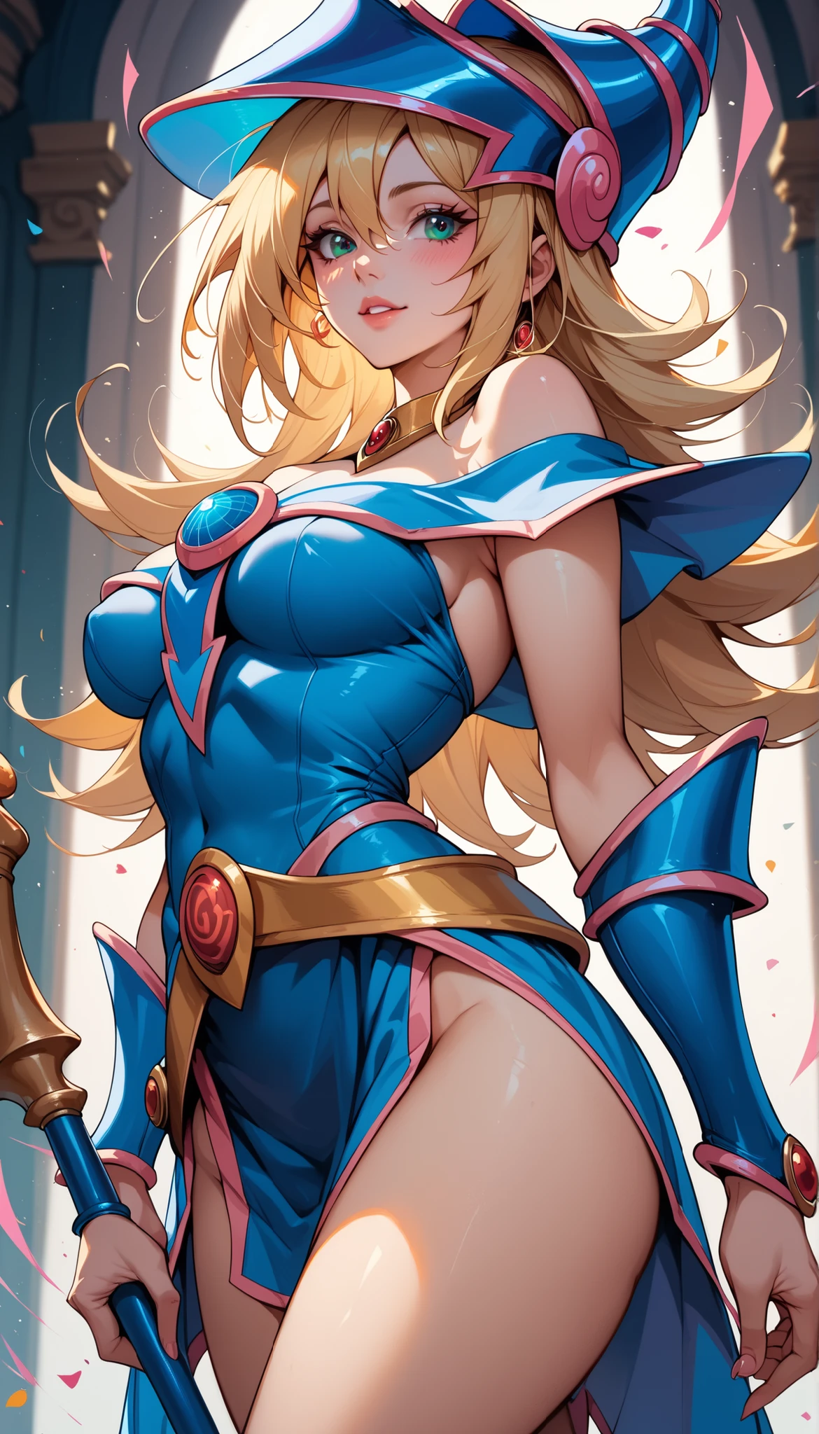 (masterpiece:1.2), (best qualityer:1.2), perfect lighting, Dark Wizard Girl casting a spell, in her early twenties, floating in mid - air, breasts big, neckleace, blue robe, Big hat, From above, writer, Yugioh greeting card in the background