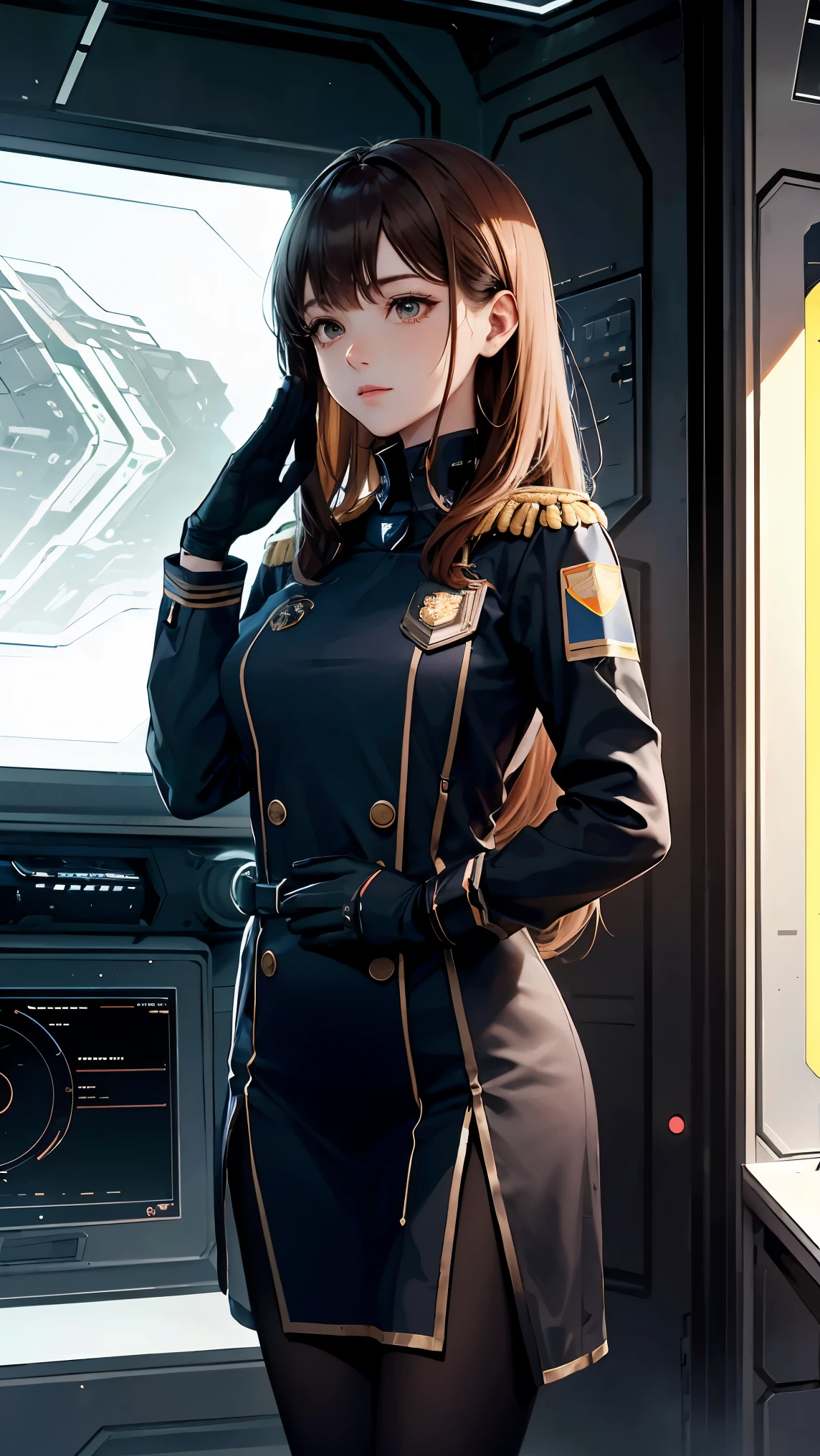 A female space force officer aboard a futuristic spaceship, wearing a navy-inspired uniform that evokes the imagery of a naval officer at sea, adorned with medals on her chest. She has neatly cut shoulder-length brown hair. The officer is in the middle of a sharp salute, standing before a large holographic monitor, communicating with a superior officer stationed on Earth. The background shows the interior of a high-tech spacecraft, with subtle lighting, control panels, and a view of stars beyond the windows. The atmosphere is formal, dignified, and cinematic.