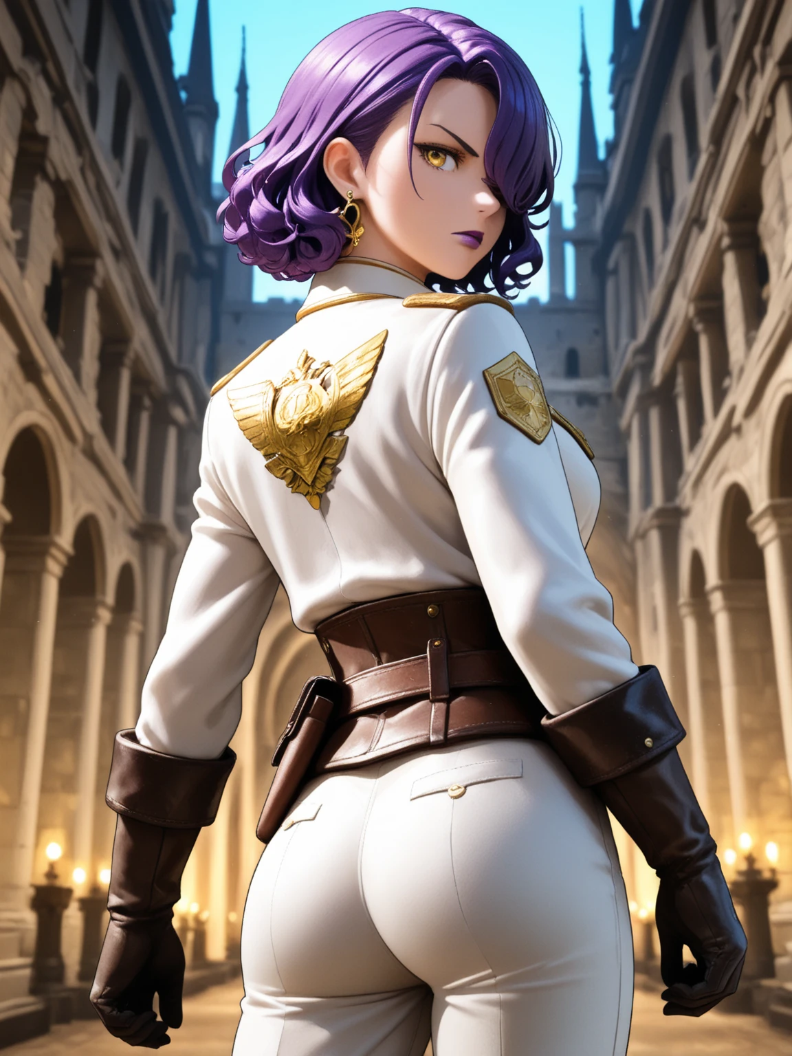 masterpiece, best quality, high quality, 1solo dark black SKIN elf, long hair, white hair, yellow eyes, full body, breastplate, looking at viewer, shiny, armor, thigh highs, high boots, shoulder armor, faulds, poleyn, gloves, gauntlets, (((1 girl))), medium to large breasts, a beautiful and cute lady, standing, (((in the pool at night))), (big muscular ass), {{{wearing armor }}} (thin waist), (incredibly beautiful full body photo, standing, (((bright eyes))), good anatomy, perfect hand muscular legs))), thin waist, muscular abdomen, wearing black high heel shoes, (((with her back to me showing her big shapely ass to me))), grabbing own ass