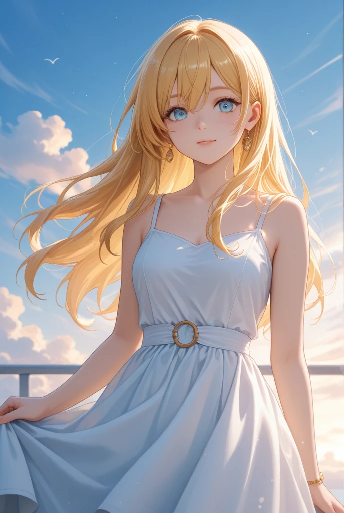 ((European pre-teen)), beautiful girl, light blue eyes, white t-shirt with exposed shoulder, tiny blue pleated skirt, no panties, realistic vagina, close-up from thighs to face, shot from below, very light skin, very long hair , wavy hair, blonde hair, ancient temple, sunrise, photorealistic, indirect lighting, volumetric light, ray tracing, hyper-detailed, best quality, ultra-high resolution, HDR, 8k