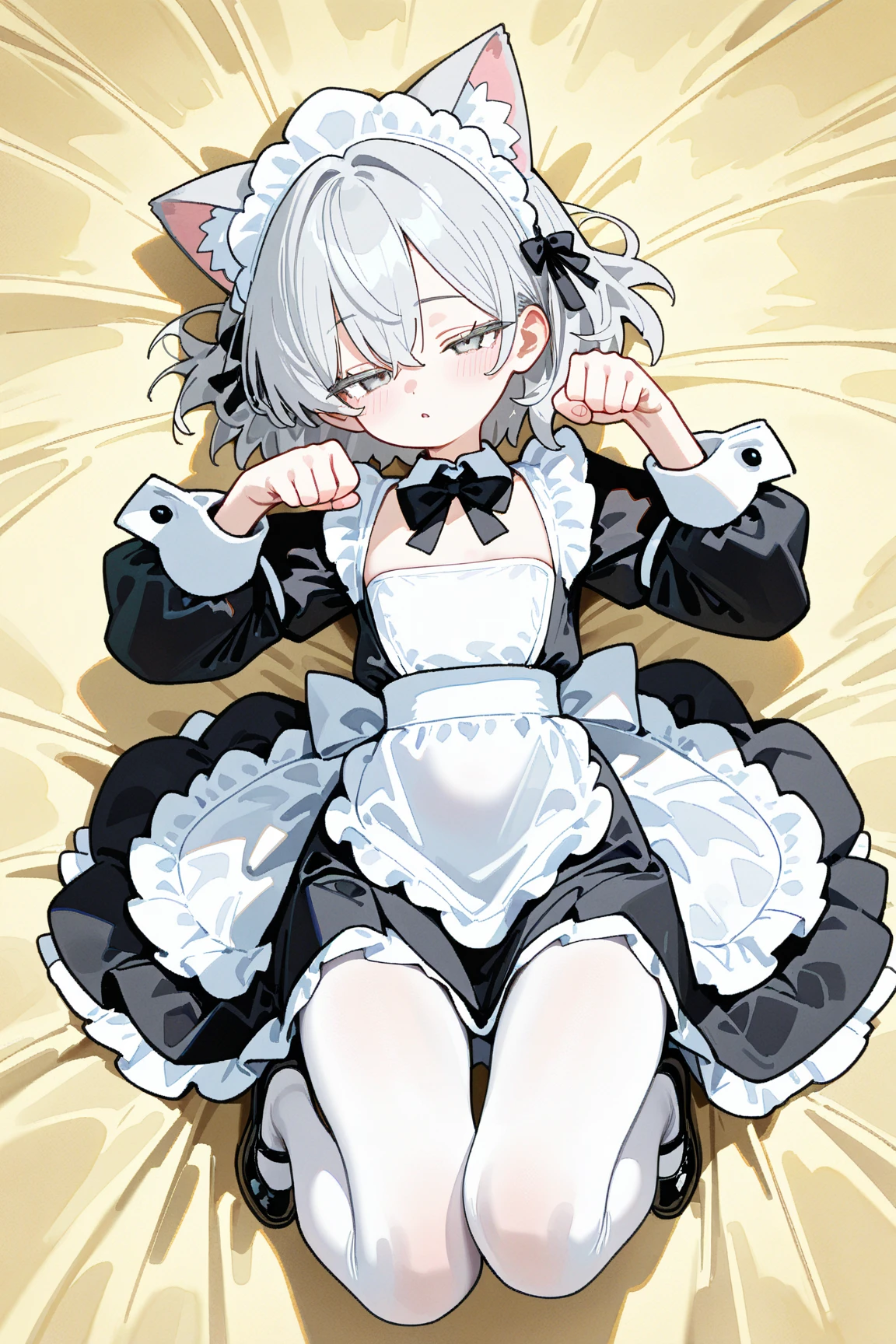 by zackary911, (coffeesoda:1.1), hioshiru, zackary911, giant femboy, huge boyfriend perspective, anthro, ragdoll cat, catboy, solo, big thighs, huge butt, laying on belly, blepping, teasing smile, maid, maid outfit, maid skirt, blush, cute