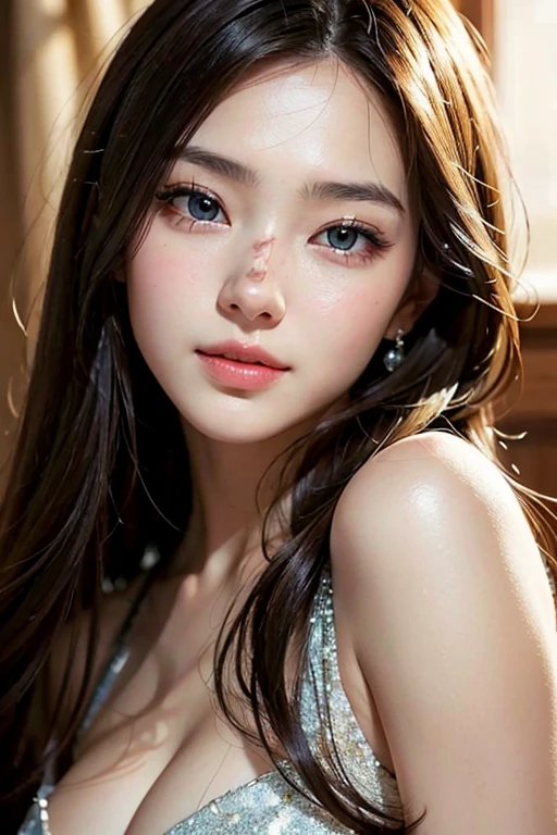 Canon RF85mmf/1.2,masterpiece,highest quality,ultra high resolution,you,1 girl,(korean mixed,K-POP idol:1.2),alone,white_shiny_skin,black eye,necklace,((Brown_length_wavy_hair)),((pink_shiny_lips)),eyelash,前hair,deal with,compensate,shiny,pore,skin texture,bracelet,off shoulder,See-through,big breasts