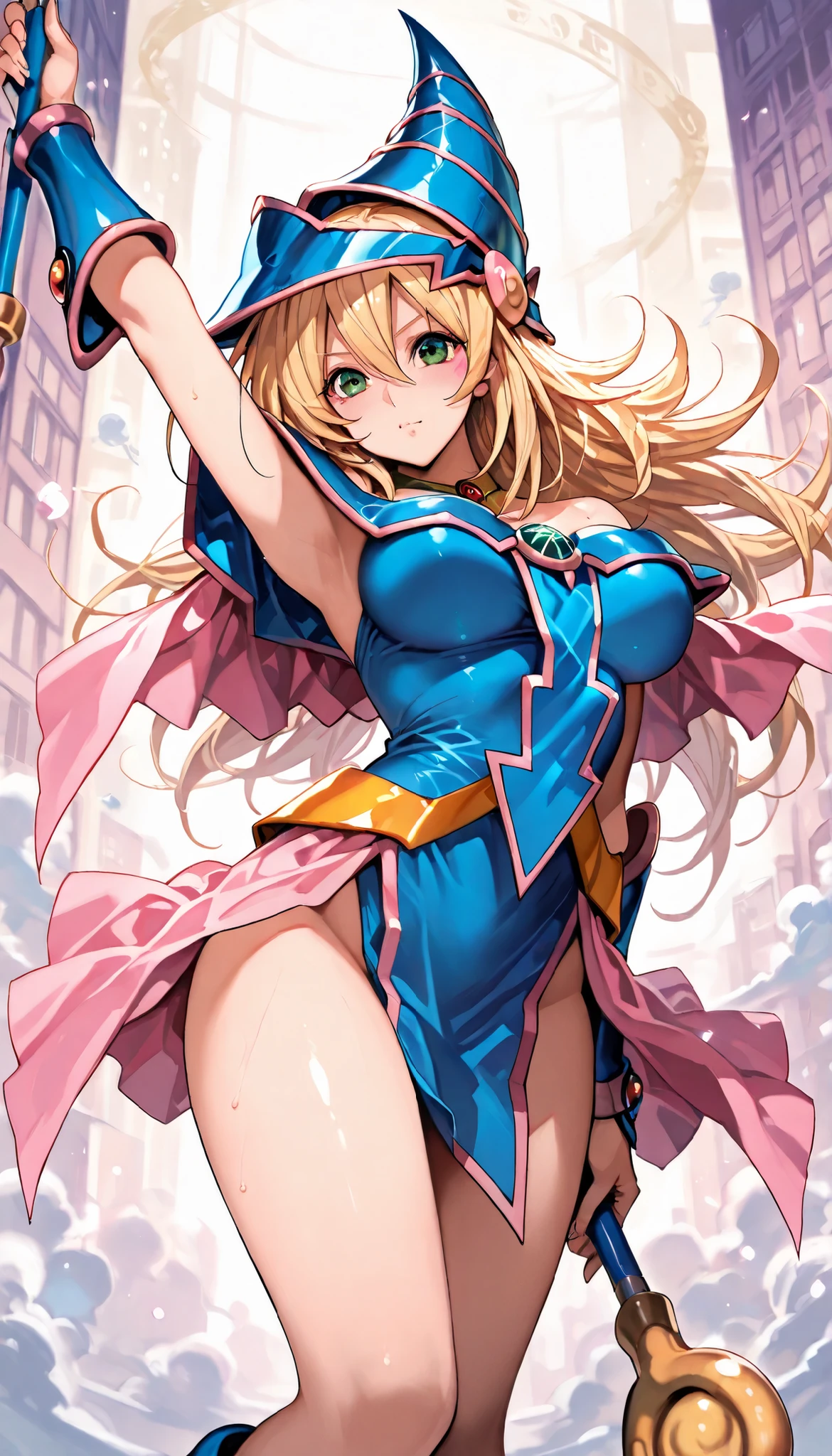 ((masterpiece)), ((best quality)), ((high res)), 1girl, solo, solo focus, (leotard, perfect leotard, pink leotard, sleeveless, bare legs), matching boots, looking at the viewer, blue sky backdrop, hand, perfect hands, complete fingers, perfect anatomy, medium breasts, (blonde hair, long hair, mid-length hair, hair down, bangs), knee boots, blue eyes, beautiful detailed eyes, beautiful detailed face, cute face, (cleavage heart cutout), pink gloves, pink footwear, superhero, heroic, spread arms. legs straight, spins in place like a (tornado). she spins at an incredible speed, creating a whirlwind of air around her. spiral lines around her body, cyclone winds around, tornado spinning. full body with costume