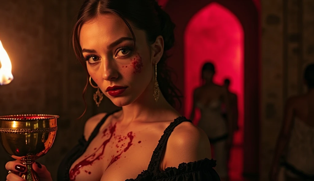 realistic epic, Woman crying with (goat horns 1. 2), sad look, deeply sad facial expression, red and swollen eyes, furrowed eyebrows, red nose, wet cheek, half-open mouth (blood tears 1. 2), (bloodstains on face 1. 4), (dark shot: 1. 4), black hair, beautiful detailed eyes and ears, dramatic lighting, painting style, Gothic art, black eyes, by French painter Alexandre Cabanel, oil painting, (realistic details), (poor peasant clothes 1. 2), veil, neckline, (bare shoulders), gothic lighting, old gothic cathedral background, dim lighting, gloomy