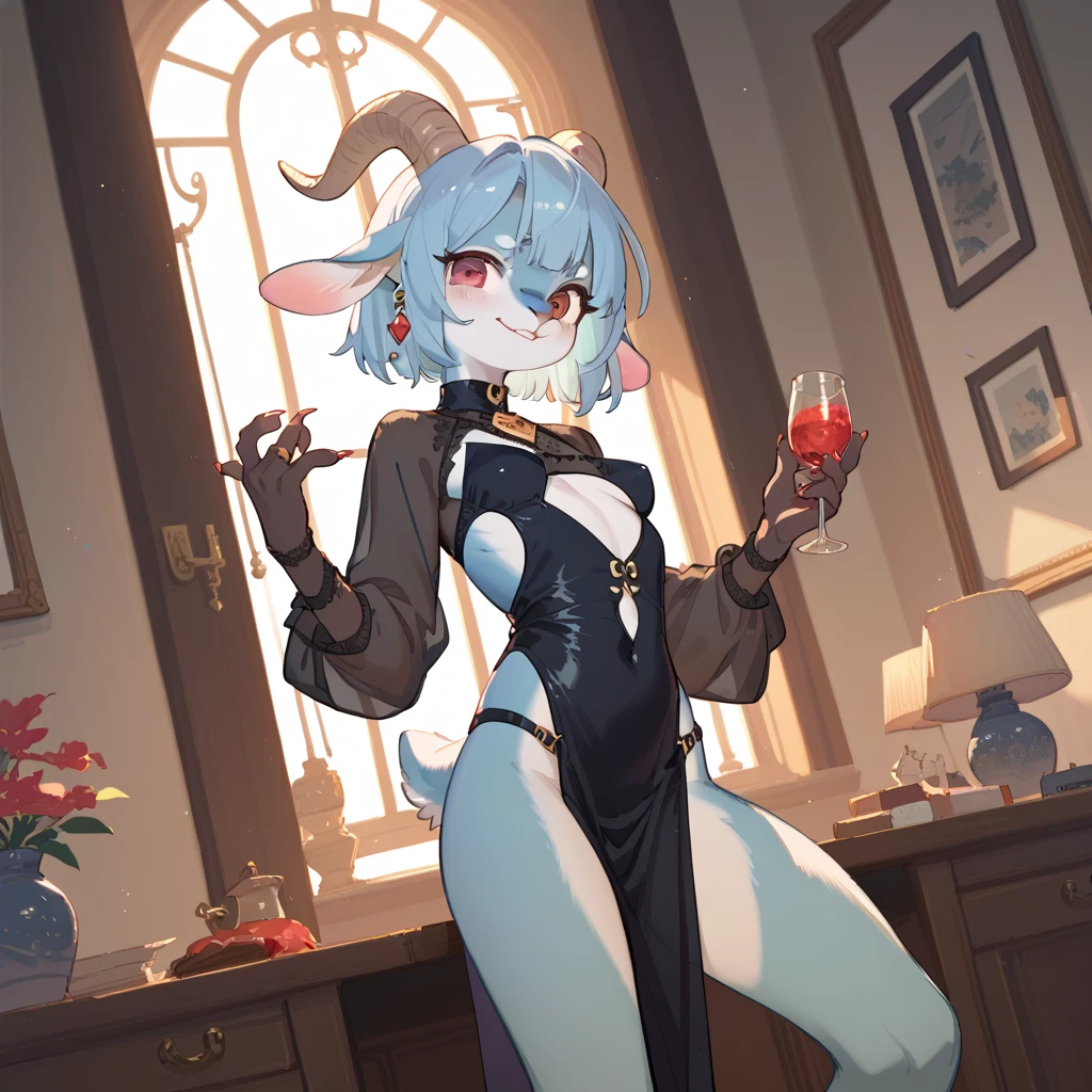 beelzebub(helltaker), bottle, freckles, collarbone, tail, 1girl, huge breasts, wine bottle, looking at viewer, red eyes, drinking glass, demon horns, white hair, wine glass, blush, demon tail, towel around neck, cup, smile, alcohol, demon girl, nude, water, holding cup, towel, holding, wine, horns, navel, white horns, solo, short hair