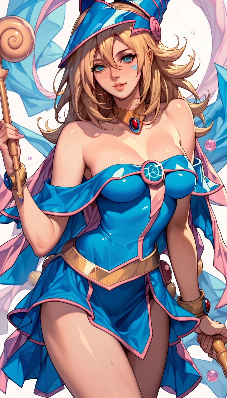 (masterpiece, 8k, 4k, extremely detailed, best quality, absurdres, anime comic style:1.4) nice hands, perfect hands, 1girl,  mature, milf, sexy, (huge tits:1.3) <lora:more_details:0.8>  blonde hair, blue footwear, blue headwear, duel monster, hat, hexagram,  long hair, looking at viewer, nail polish, open mouth, (floating above a glowing magic symbol, pentacle, pentagram:1.4), solo, staff, wand, wizard hat, yu-gi-oh!, <lora:dark_magician_girl_offset:0.8>