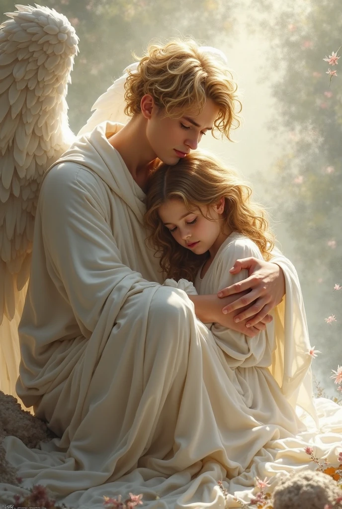 "A heartwarming scene featuring a young guardian angel, depicted as a child with delicate wings, gently wrapping them around an adult figure in a protective embrace. The child angel has a tender, innocent expression, with soft, golden curls and a glowing halo above their head. They are dressed in simple, flowing white garments that contrast with the warm, gentle light surrounding them. The adult, who appears calm and reassured, is standing or sitting beside the angel, with a peaceful expression, bathed in the angel's comforting glow. The background is a serene, celestial landscape with soft clouds and a gentle, warm light, symbolizing the protective and nurturing presence of the child angel."
