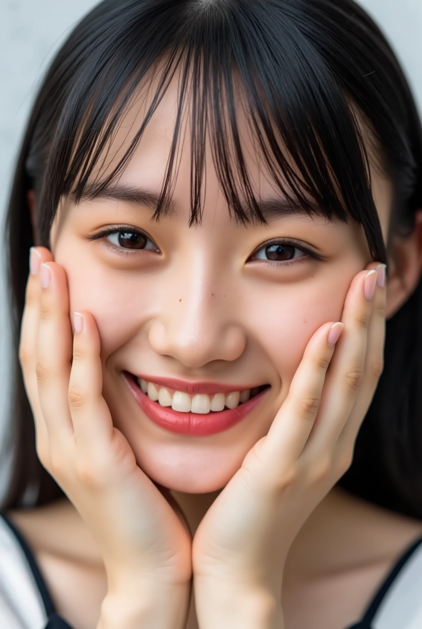 extreme close-up portrait, beautiful girl with her love-struck, radiant face filling the entire frame (95% face ratio), gently placing both open hands on her flushed cheeks with soft fingers, soft black camisole, white blurred background, eyes dreamy and half-lidded, deeply adoring gaze fixed straight at the viewer, irises ultra-detailed with intricate rainbow reflections and glowing catchlights, moist and sparkling eyes as if about to tear up from overwhelming joy, soft melting smile revealing slightly parted lips and upper teeth, skin with visible soft pores, realistic skin texture with warm lighting and subtle shadows, delicate eyelashes, glossy lips with natural highlights, cheeks glowing with deep blush, cinematic soft lighting, lifelike expression full of romantic euphoria, overflowing with happiness, warmth, and pure affection, subtly tilting her head as if whispering a name in total bliss, ultra photorealistic, masterpiece, 8K, hyperreal detail, skin pores, detailed iris texture, cinematic mood