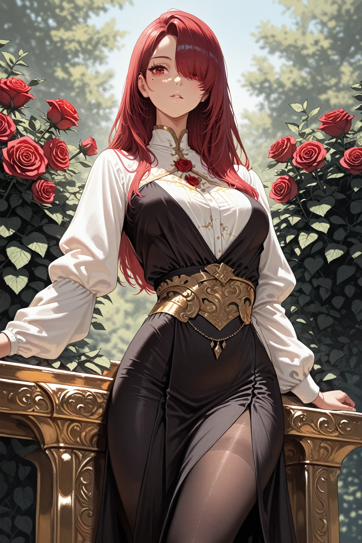 shoujo-style, absurdres, best quality, amazing fine details, high resolution, all intricate, masterpiece, awsome many layers,
rose flower military secretary,evil smile, sadistic, seductive eyes,
(fusion rose flower and woman, woman form rose flower, fusion, rose flower woman,
vines, thorn), (rose flower headpiece), (thorn coiled around her body),
fusion rose flower and military suit, rose flower, (rose red hair, fusion rose flower and hair), rose tattoo,
(fusion satin and latex royal princess outfit),
milf, mature woman, royal dress, black choker, earrings, tiara, jewelry, golden accessories,
wavy hair, blunt bangs, chest cut out, frill, embroidery, cloak, knee gloves, boots, tights, knee socks, Garter Belt, panties, bra peek, lace-trimmed bra,
detailed surface texture, breast enhancement, gigantic boob, toned female, glamorous perfect female proportion,