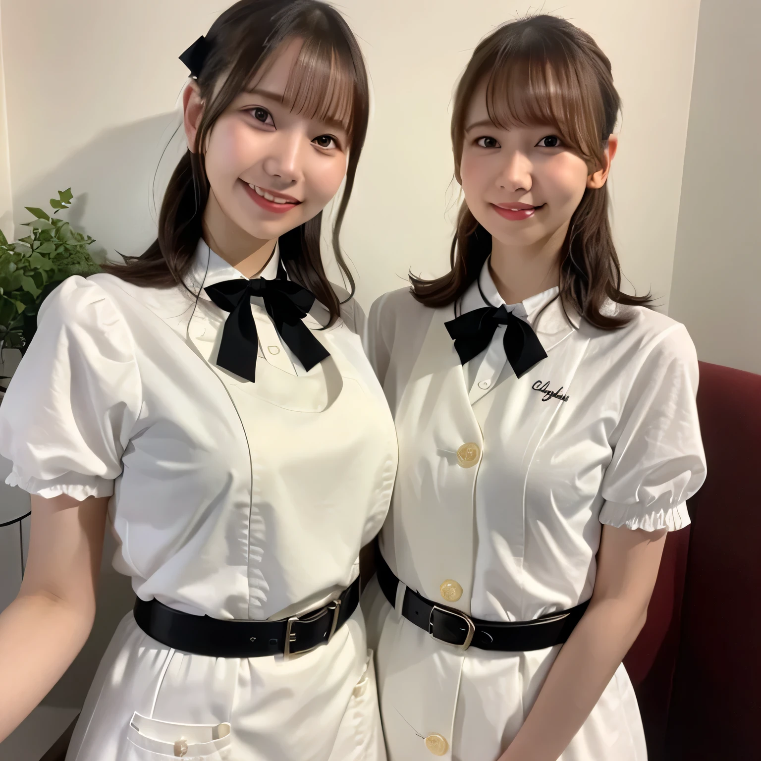 A girl is working as a waitress in a cozy cafe. She's wearing a classic maid outfit. The air feels warm and calm, and it's like you can almost smell the coffee through the picture. Medium length hair, brown hair, dark eyes.