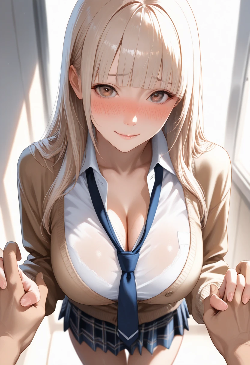 (((Uniform torn and nipples exposed)))、((bra very))、((((feel shy))))、((a blond))、、beautiful Girl、Large beautiful breasts、cleavage of the breast、A slender、オマンコ、((((((seduce lewdly))))))、((Inside the bustling city))、((smil))