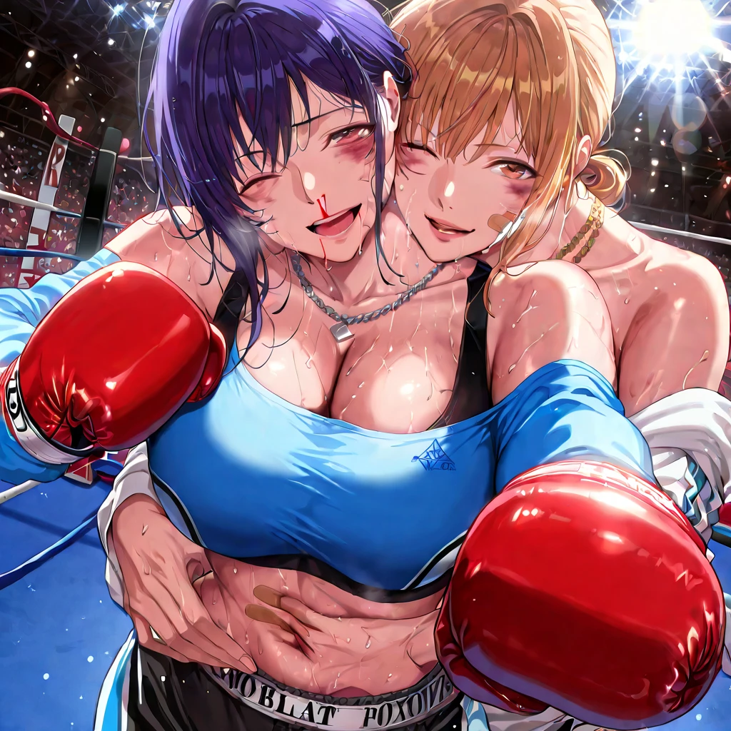 Masterpiece、Highest quality、Full Color、Photorealistic、とても分厚い筋肉女子wrestling、Dynamic Pose、leotard、Dazzling Light、wrestling、An enthusiastic crowd watches、Two very thick muscle girls in sheer latex wrestling outfits massage each other&#39;s genitals、very macho、Sweaty and intense orgasm face、Sweaty and intense orgasms cause convulsions、Composition from below、Crouching posture、