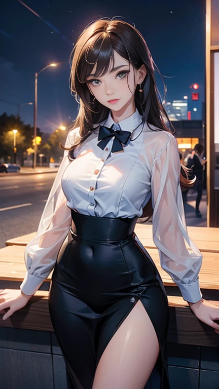 16 years old、Black Hair、ponytail、Big Breasts、White blouse、Black Mini Skirt、My hair is blowing in the wind、Smile、indoor、Soft lighting