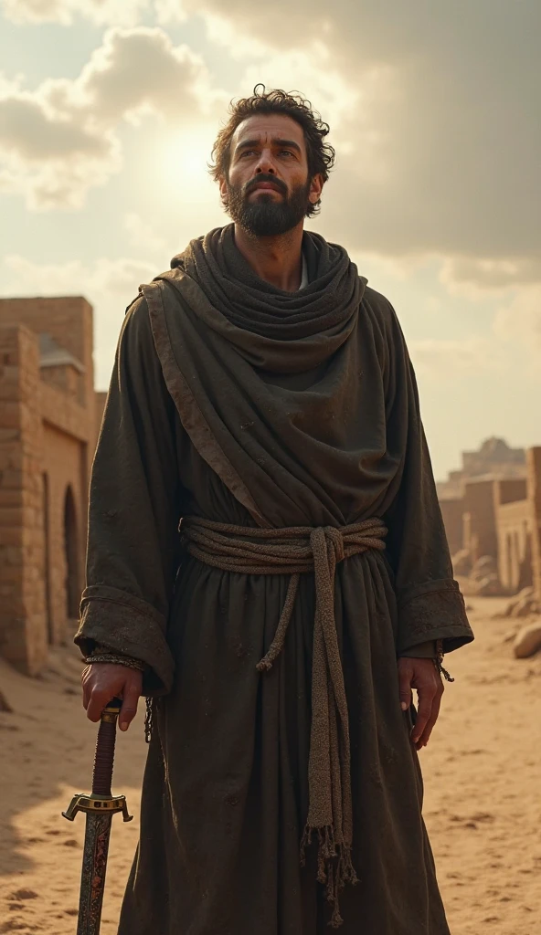 man, dark curly black hair ancient clothing