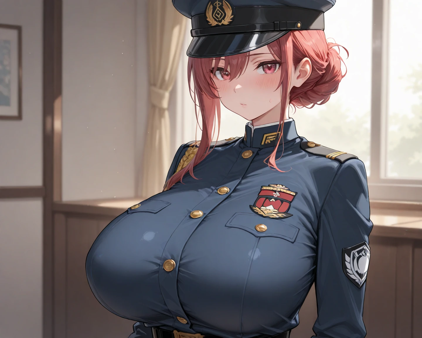 anger, (((((alone girl))))), ((Muscular girl toned body huge breasts)), (((abundant, gigantic breasts, large areolae))), (((abundant, perfect muscular body 1.5))), ((chiseled abs, 10 pack abs)), long legs、muscular thighs, big hug long saggy tits, 非常に筋肉質なlong legs)))), long silky red hair, long ponytail, big lapis lazuli eyes, white skin, ((white latex military uniform)), ((standing ceremony)), (((looking up at viewer))),