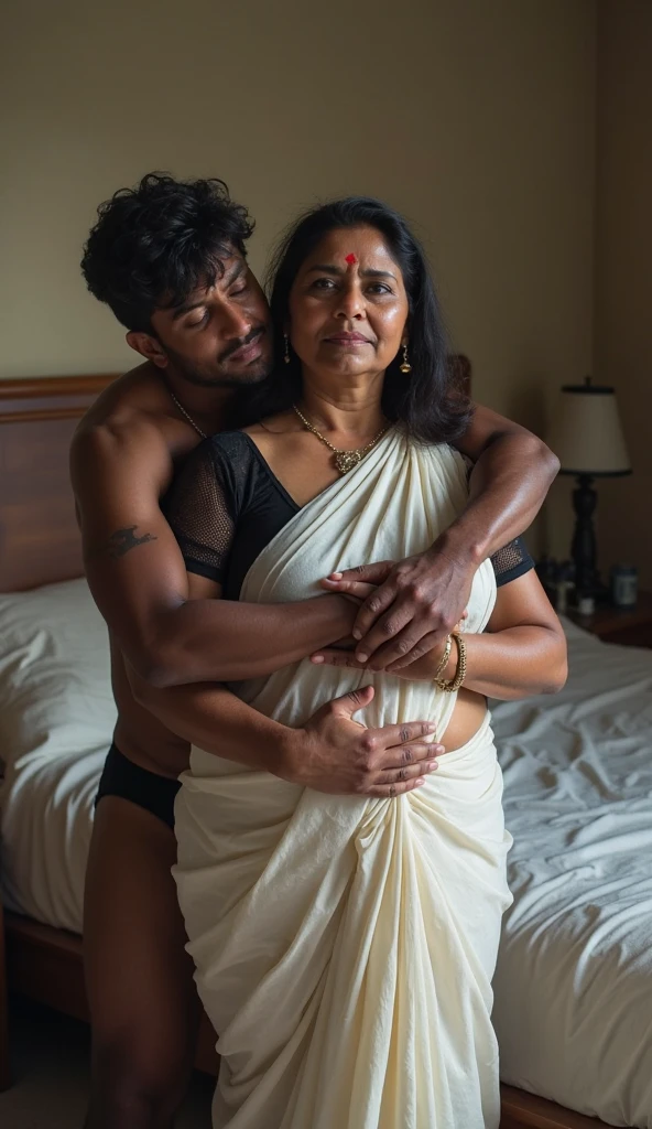 Newly wed indian couple, hot slim curvy white south indian milf with long single plaited hairstyle, big breast, big hip, very big ass, thick thighs, woman wearing saree pallu down, cleavage, indian couple, very short indian black old man with short haircut, skinny body and big moustache, man wearing shorts, woman with man, couple in house, couple standing near the door and romance, high resolution, couple looking at camera, tall woman and short man, close-up potrait, Closed Mouth, serious face, front full body view, in kitchen, bright lighting, man hugging from behind, side view