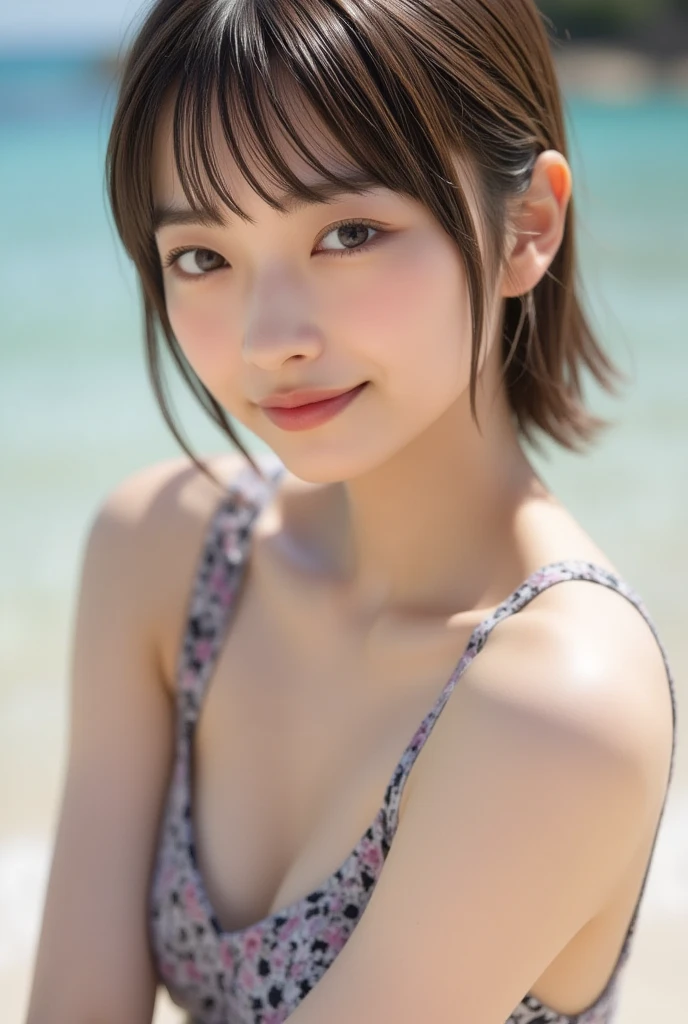 Photo-realistic quality、Close-up of a woman in a summer dress posing on the beach, 20Japan--old el、 Cute beautiful face, Realistic young gravure idol, Cute seductive smile, Beautiful Japanese girl face, Young and cute gravure idol, Young Sensual Gravure Idol, A soft and gentle look、looking at the camera、Detailed and beautiful eyes