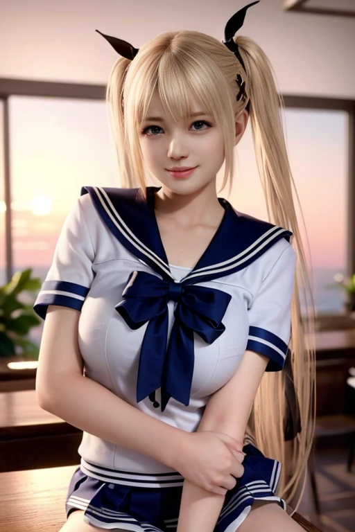 10 years old,, Big Breasts, Beautiful breasts, Long Hair, ponytail 、Blonde Hair, 8k, , LED lighting, Japanese girl、smile、Sunburned skin、slender、Height: about 140cm、Golden Hair、blond、Sailor suit、whole body