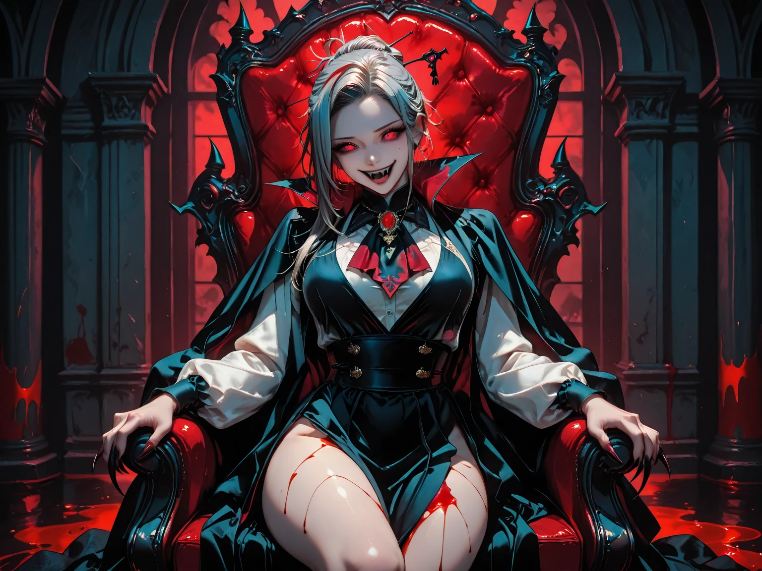 beautiful, detailed, perfect face, arrogant expression, red lips, red eyes glowing, blood driping from fangs