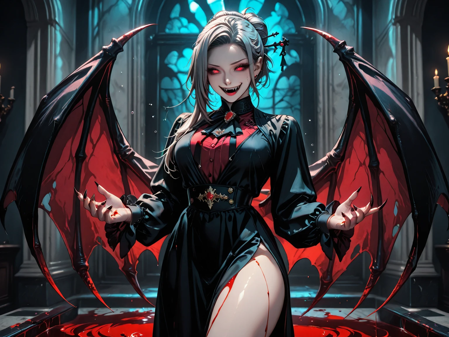 Masterpiece, Best Quality, High Quality,(Dark shapeless creature with dark red glow and red eyes and surrounded by darkness:1.2), (darkeness:1.2), Abstraction, Deep sea, Award-winning photography, Depth of field, HDR, Very detailed, Trend in art stations, trend in CGSociety, Complex, High detail,(Masterpiece:1.2, Best Quality), (best illumination, Very Delicate and Beautiful), (best illumination, very delicate and beautiful), (beautiful face detailed), (detailed eyes and detailed face:1.2), dark fantasy, (girl, little beast, 1girl, solo, Lying on the floor, pool of blood, crazy smile, pale skin gray hair, glowing red eyes, dynamic angle, vampire), get demons to be summoned, Magic thunder, pointy_ears, fangs, demon wings, demon horns, blood on face, blood rain, blood mist, (depth of field), high contrast, (blood splatter: 1.4), full body, , scream, sacrifice, Magnificent stage,