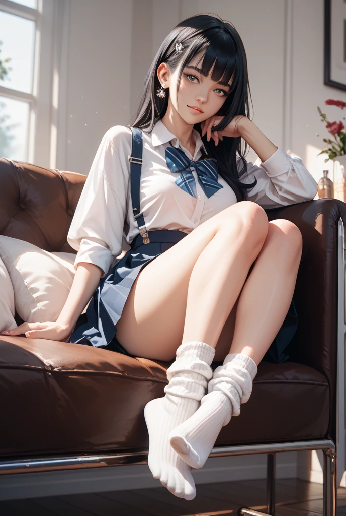 (best quality, 8k, high resolution, lifelike:2.0), (alone, a girl:2.0),(light: Strong),(light: front),(very muscular girl:2.0),(bodybuilding girl:1.5),(skin shiny:1.5),(brown hair color:1.5),(Bend your legs and open your thighs:1.8),(black loafers:1.5),(Light blue shirt:1.6),(collared shirt:1.2),(long sleeve Light blue shirt:1.3),((Skinny shirt:1.7)),(emphasize),(sock),(white socks:1.1),((Blue pleated skirt)),((blue skirt)),((Dressed in cute white)),((Girl leaning on old leather sofa)), Very beautiful Japanese girl, blush brown makeup , dark eye makeup,(gesture:1.6)