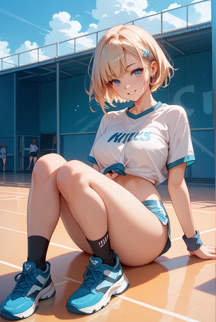 score_9, score_8_up, score_7_up, score_6_up, score_5_up, score_4_up, source_anime, screenshots,
shiroko-gym, shiroko \(blue archive\),blue eyes,grey hair,hairclip,animal ears,halo,track jacket,buruma,white socks,sneakers,
Erotic、Rub your left breast with your left hand、 Touching pussy with right hand、Completely naked、Spread your legs、Embarrassed、Stick out your tongue a little No clothes Tits Pussy Masturbation Solo Plump Plump